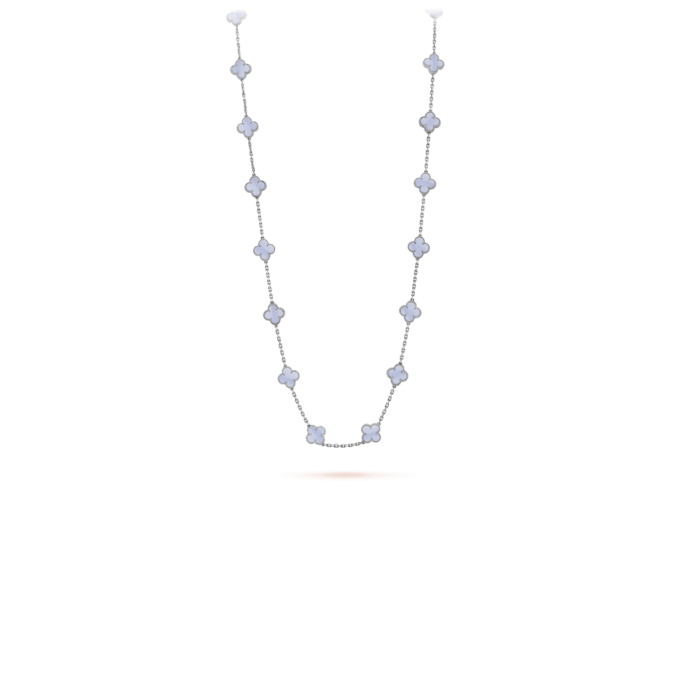 VAN CLEEF ARPELS VINTAGE ALHAMBRA LONG NECKLACE, 20 MOTIFS - WHITE GOLD, CHALCEDONY  VCARD80900